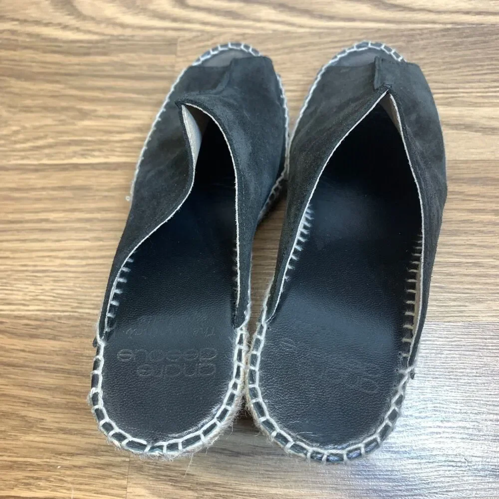 andre assous espadrilles Black Suede Peep Toe Wedge Slip On Shoes Size 8‎